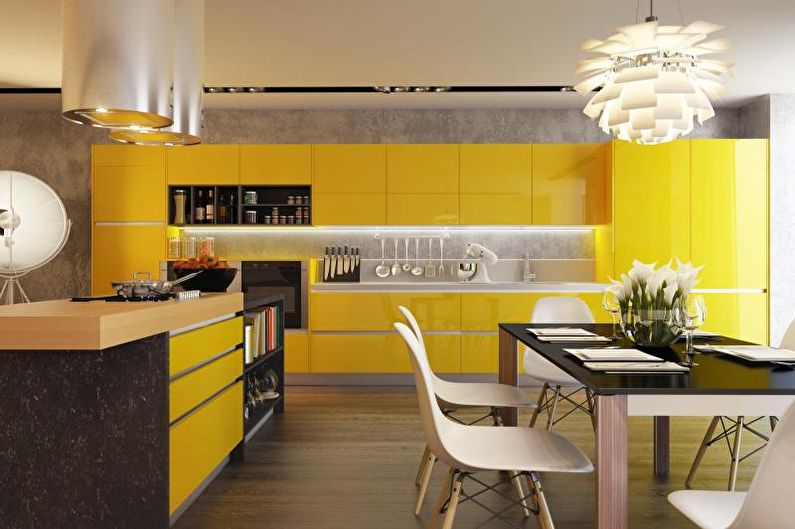 Kitchen interior design in yellow - photo