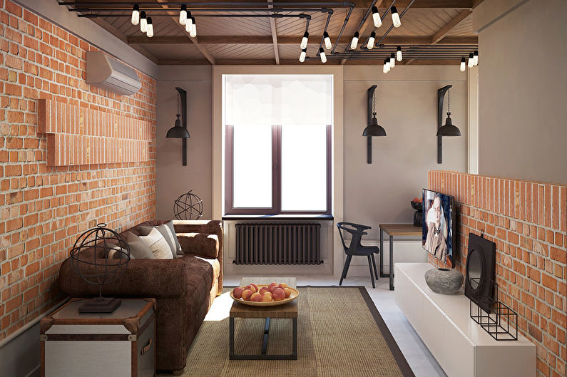 Diseño de sala de estar 18 m2. estilo loft