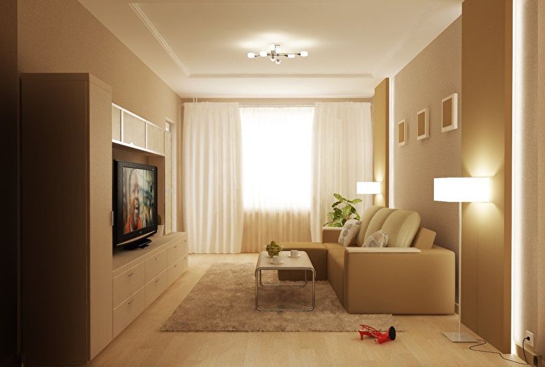 Living room design 18 sq.m. - lighting and backlight