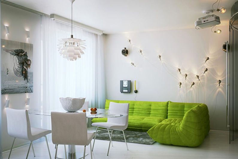 Living room design 20 sq.m. in white