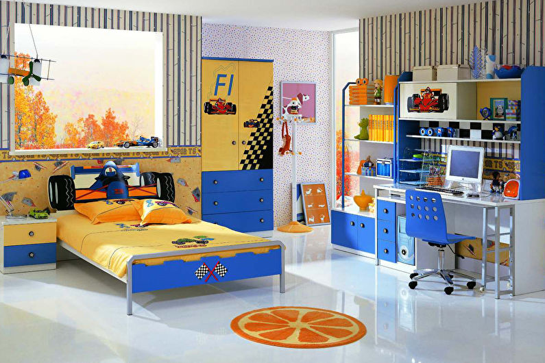 Projete um quarto infantil para um menino em estilo moderno