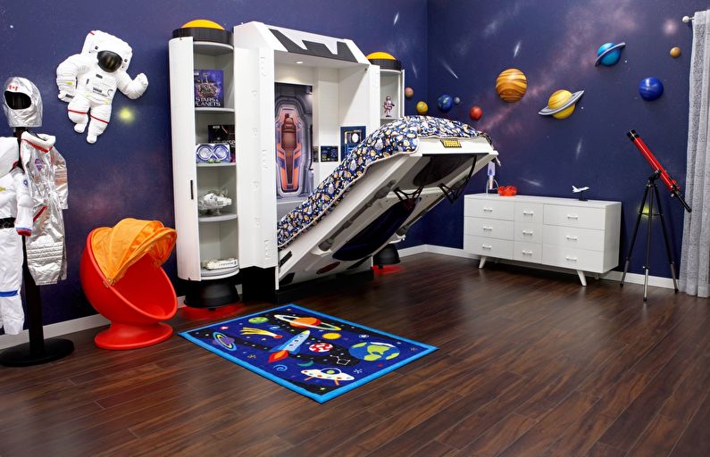 Design de um quarto de crianças para um menino no estilo espacial