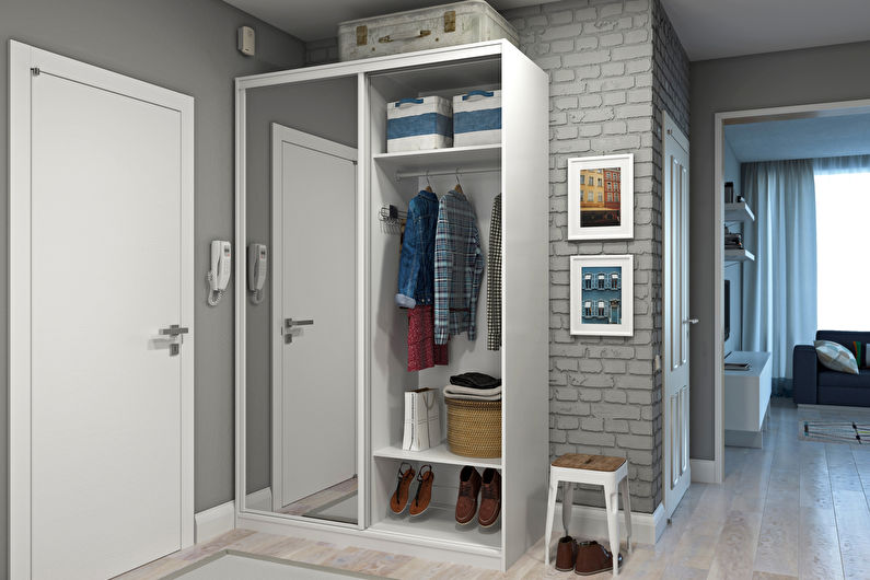 Ang pagdulas ng mga wardrobes para sa isang bulwagan sa isang estilo ng loft