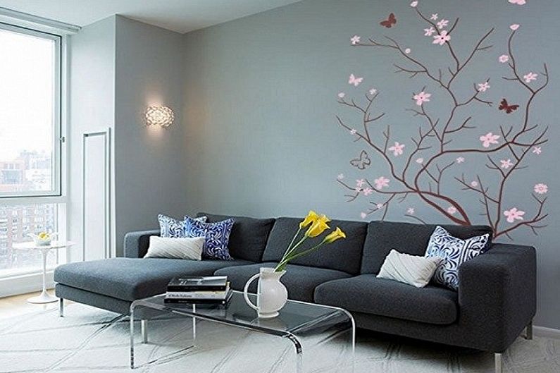 Wallpaper stickers in the living room interior - photo