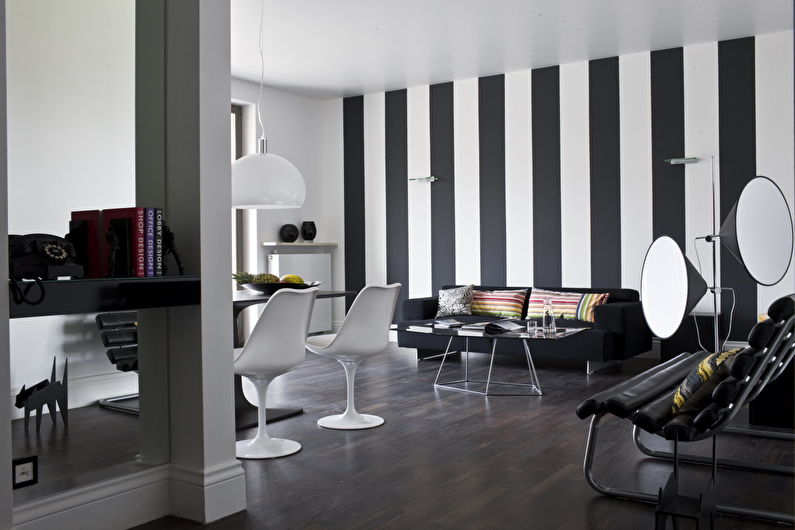 Design de interiores de uma sala de estar em preto e branco - foto