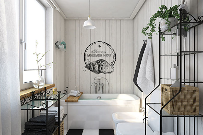 Diseño interior de un baño en blanco y negro - foto