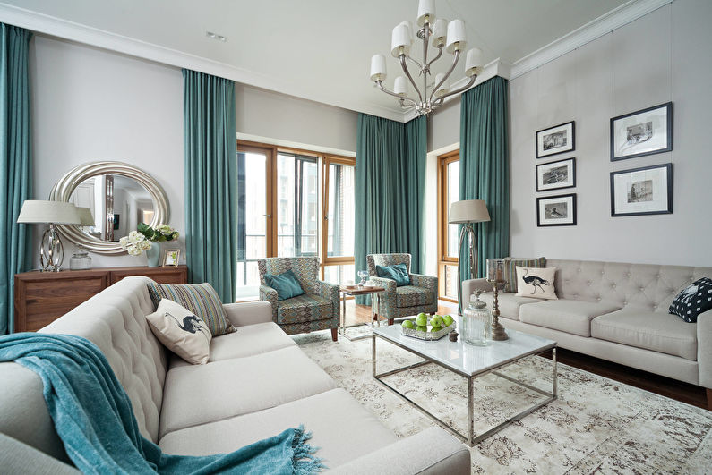 Turquoise curtains for the living room (hall) - photo