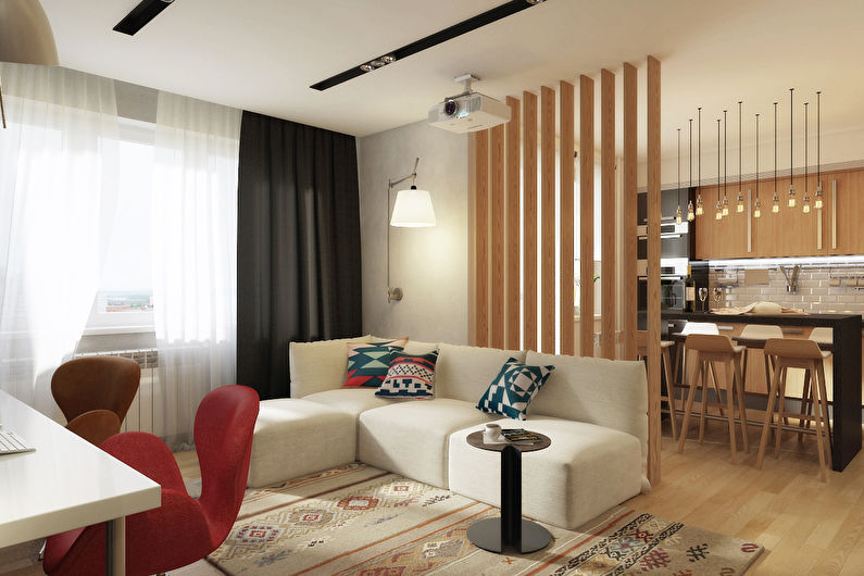 Wooden aesthetics in Moscow - Zoning of a studio apartment