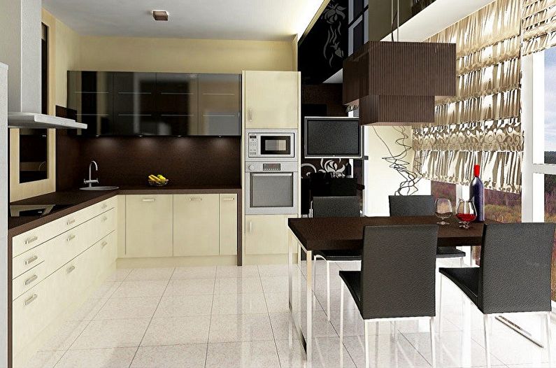 Cuina beige d'estil modern. Disseny d'interiors