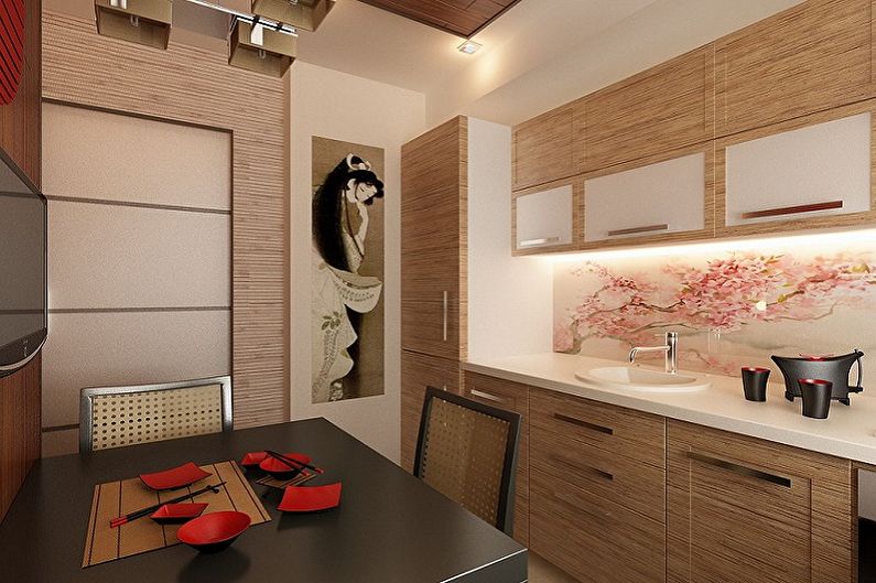 Cuina beige d'estil oriental. Disseny d'interiors