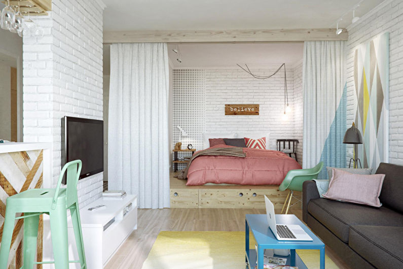 Dormitorio-sala de estilo escandinavo - Diseño de interiores