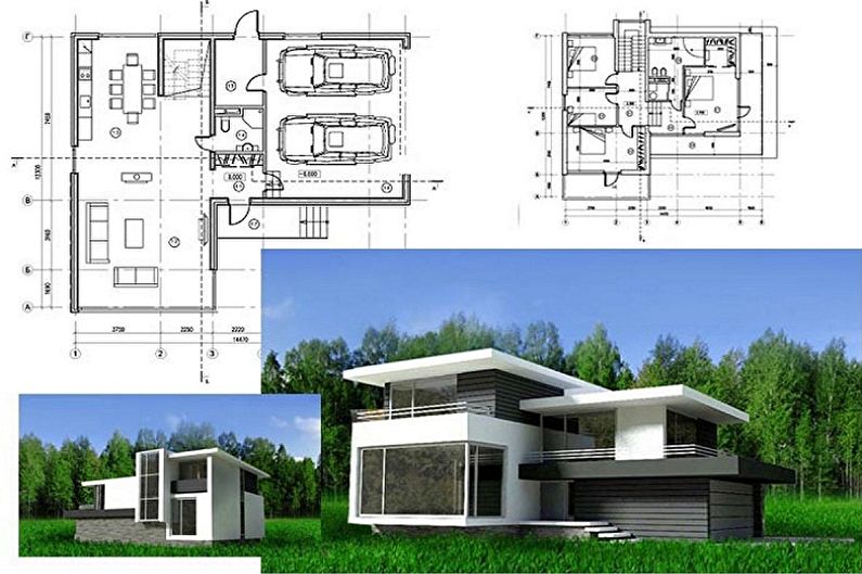 Moderne high-tech huisontwerpen - Huisje met twee verdiepingen en een garage