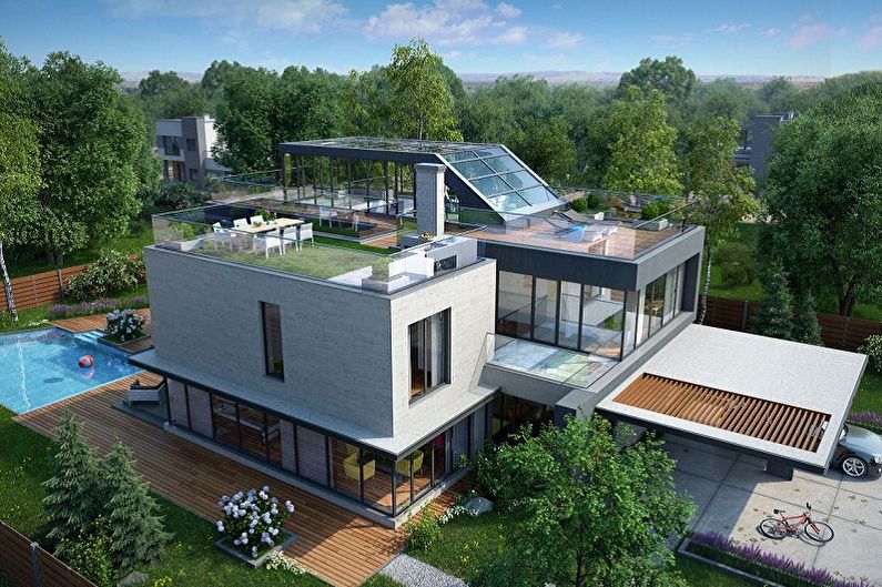 Moderne hightech huisontwerpen - Hightech huis met geëxploiteerd dak