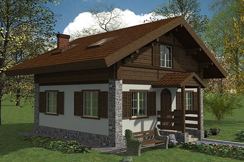 Šiuolaikiniai chalet stiliaus namai - vieno aukšto namas su mansarda ir rūsiu