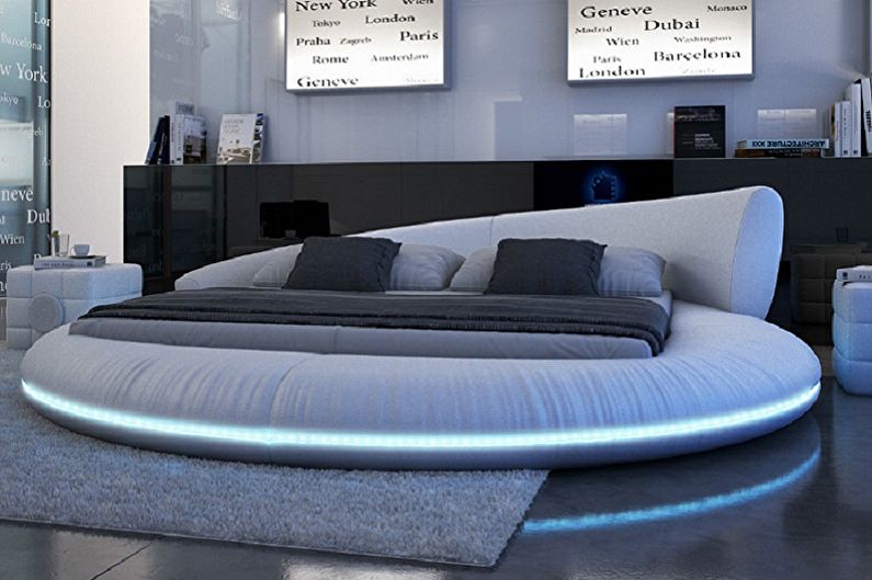 Cama redonda a la habitación en diferentes estilos: tecno, alta tecnología