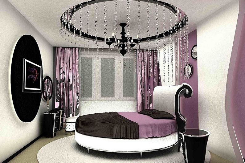 Round bed sa silid-tulugan - larawan