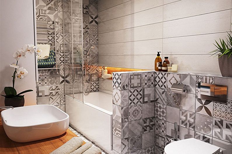 Tile patchwork in the interior of the bathroom