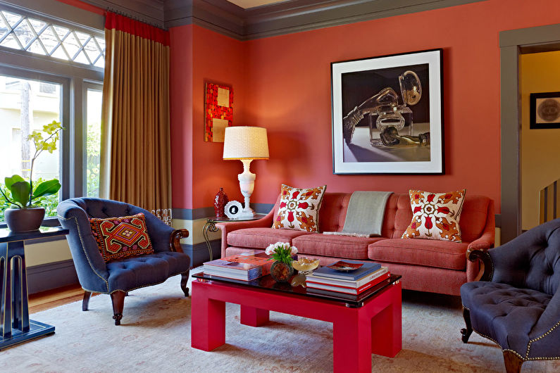 The combination of colors in the interior of the living room - Warm colors