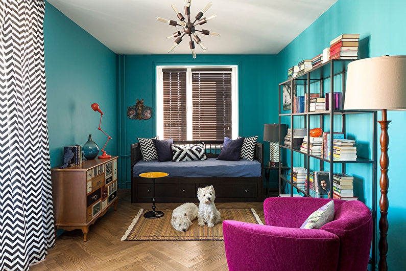 La combinación de colores en el interior de la sala de estar: gama fría