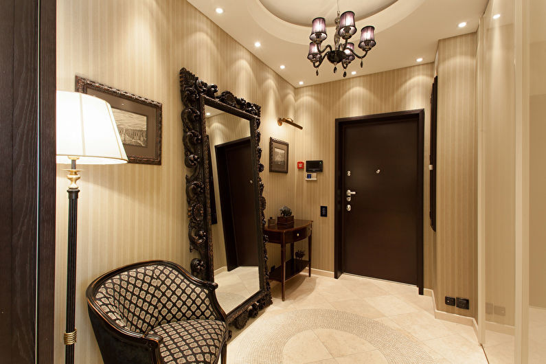 Two-level plasterboard ceilings in the hallway