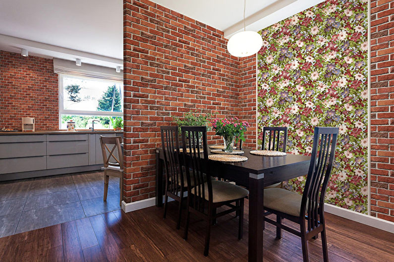 Wallpaper under a brick in the interior of the kitchen - Design photo