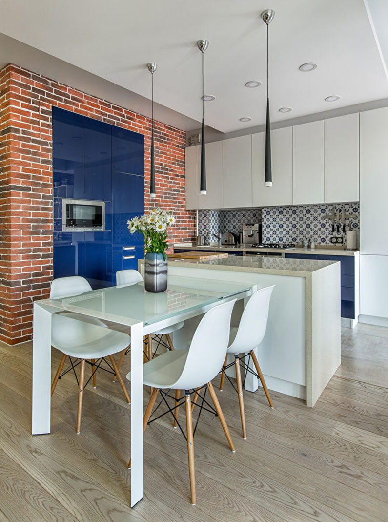 Wallpaper under a brick in the interior of the kitchen - Design photo