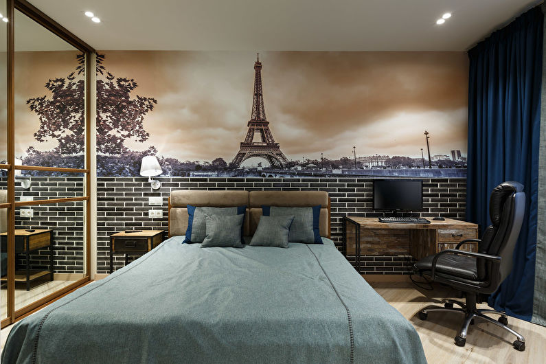 Wallpaper under a brick in the bedroom interior - Design photo