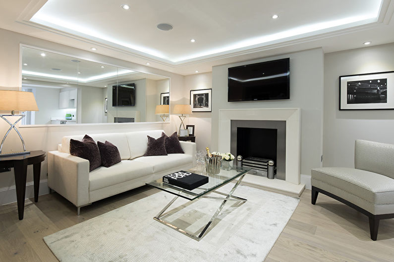 Two-level plasterboard ceiling in the living room