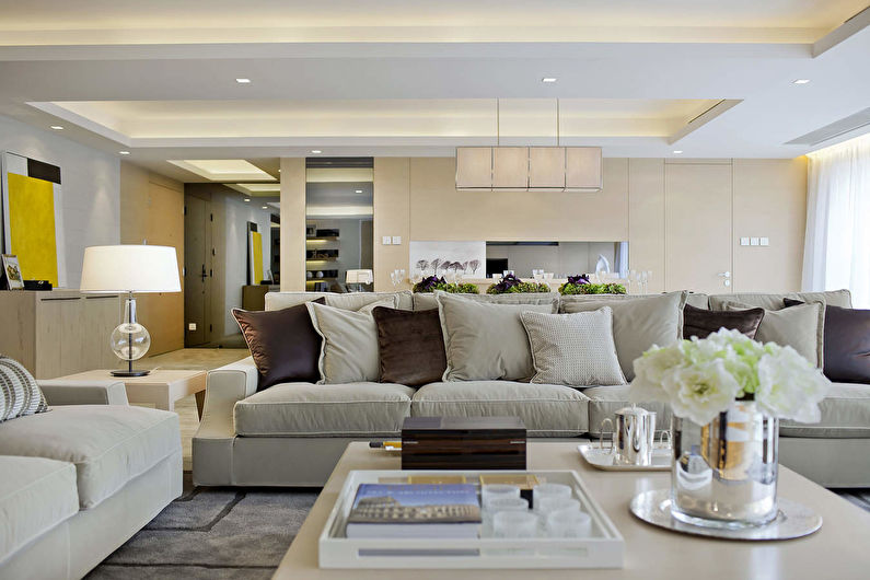 Two-level plasterboard ceiling in the living room