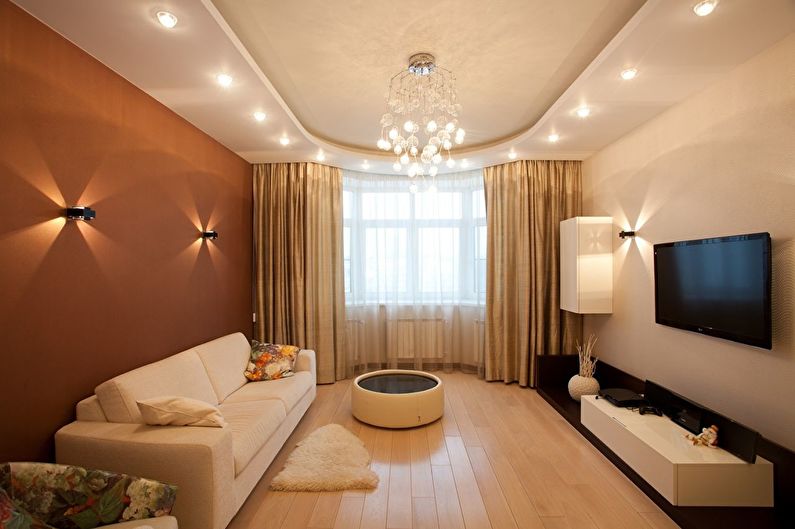 Two-level plasterboard ceiling in the living room