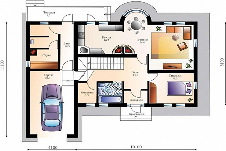 Mga modernong proyekto ng mga one-storey na bahay na may garahe - Isang palapag na bahay na may garahe at isang sauna