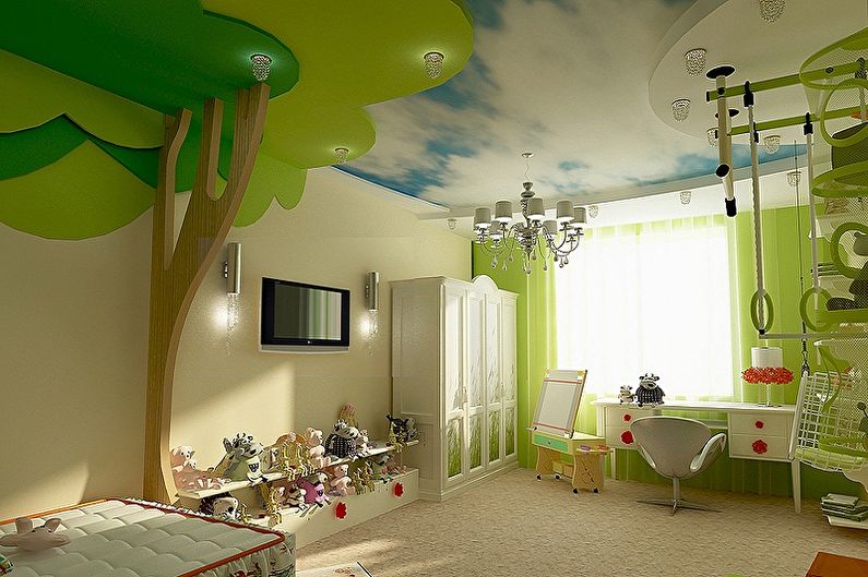 Two-level plasterboard ceiling in a children's room