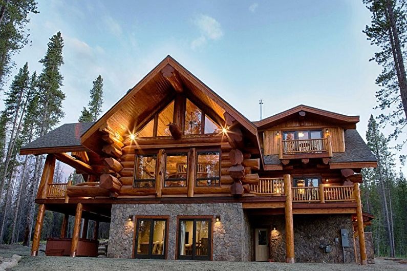 Modern projects of houses from a log house - Combination of logs and stone