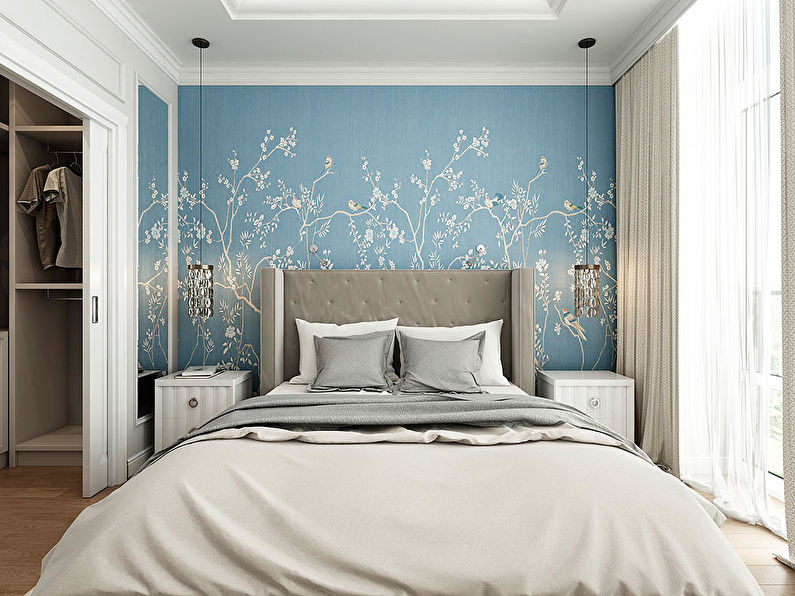 Blue wallpaper in the bedroom