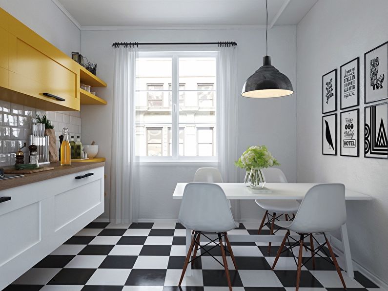 Design de piso de cozinha em estilo escandinavo - azulejos preto e branco