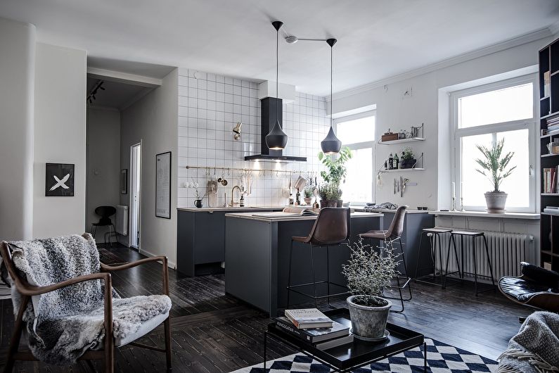 Scandinavian-style kitchen combined with living room - interior design