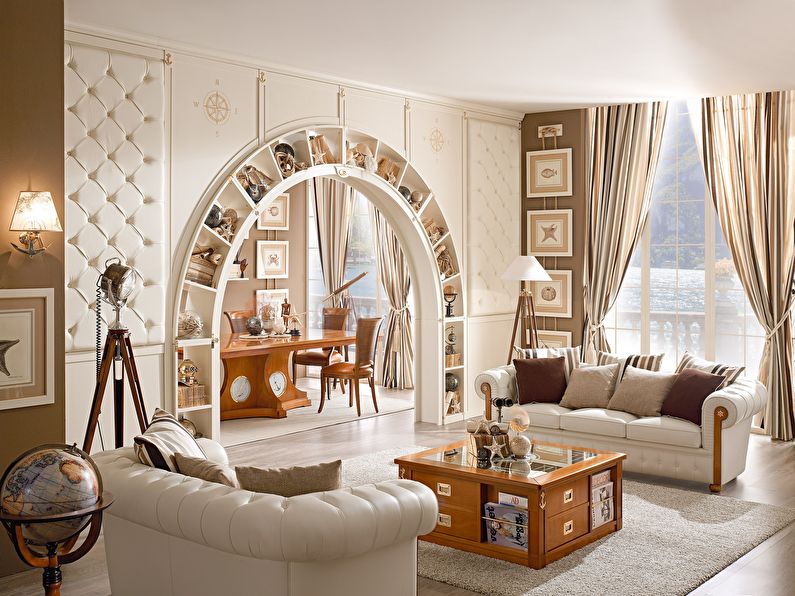 Semicircular plasterboard arch in the living room interior