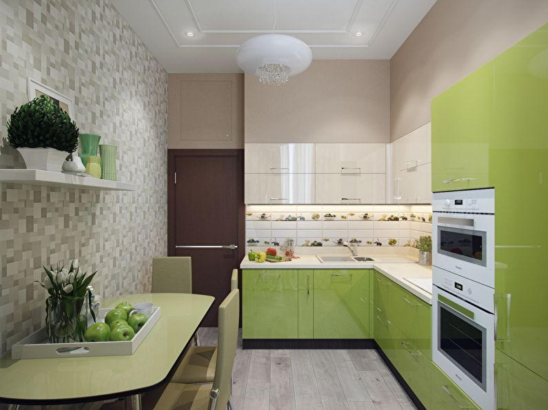 Beige wallpaper for a green kitchen - photo design