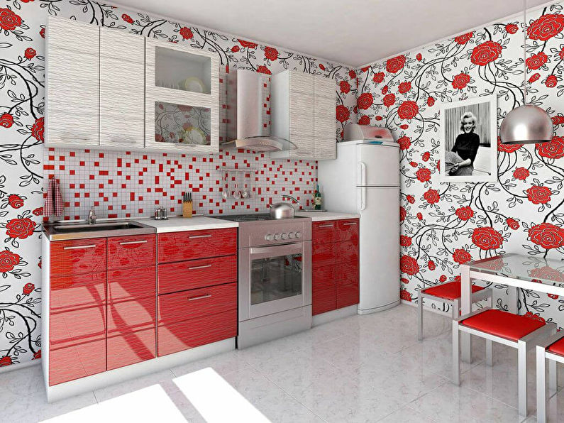 Red wallpaper for the kitchen - design photo