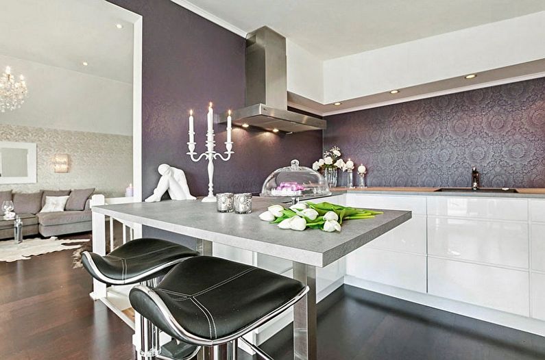 Purple wallpaper for white kitchen - photo design