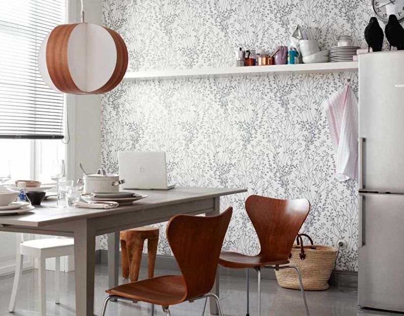 White wallpaper for the kitchen in a modern style - photo design