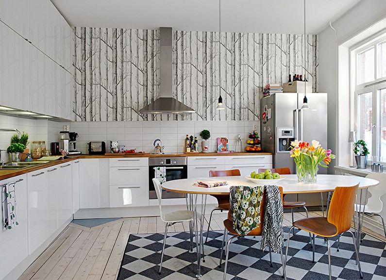 White-gray wallpaper for the kitchen - photo