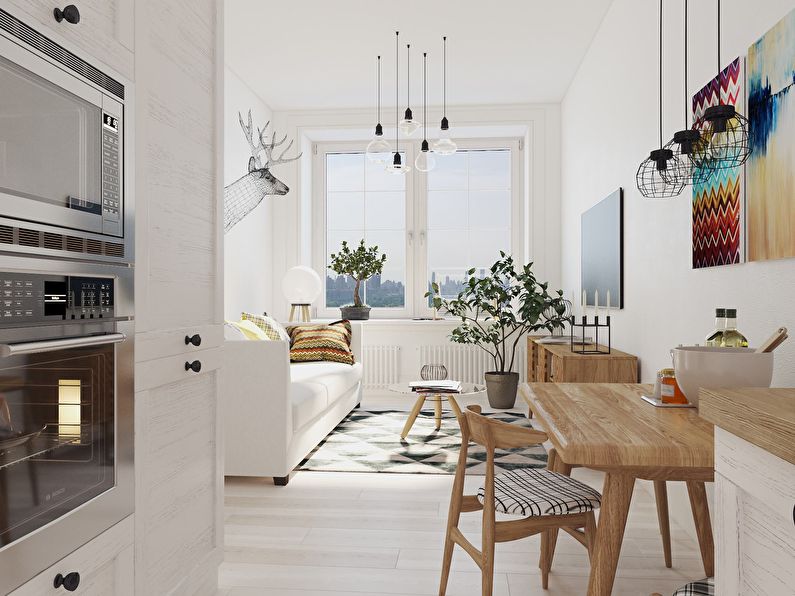 Interno di un piccolo appartamento di 30 m2 in stile scandinavo