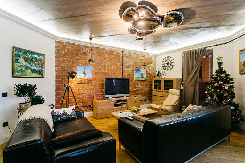 Loft Style viesistabas dizains - sienu dekorēšana