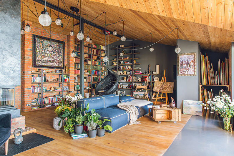 Design de sala de estilo loft - decoração e têxtil