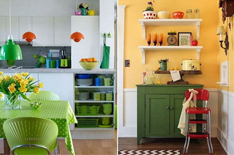 Cocina blanca y verde: combinación con naranja