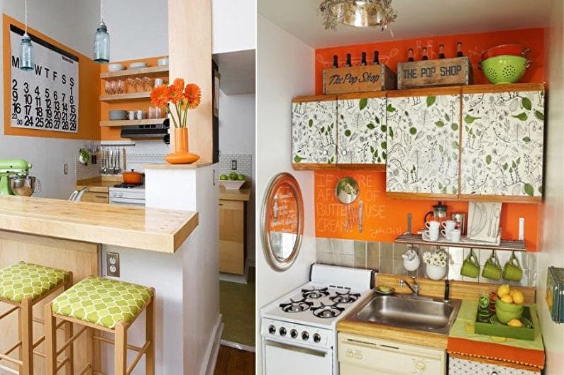 Cocina blanca y verde: combinación con naranja