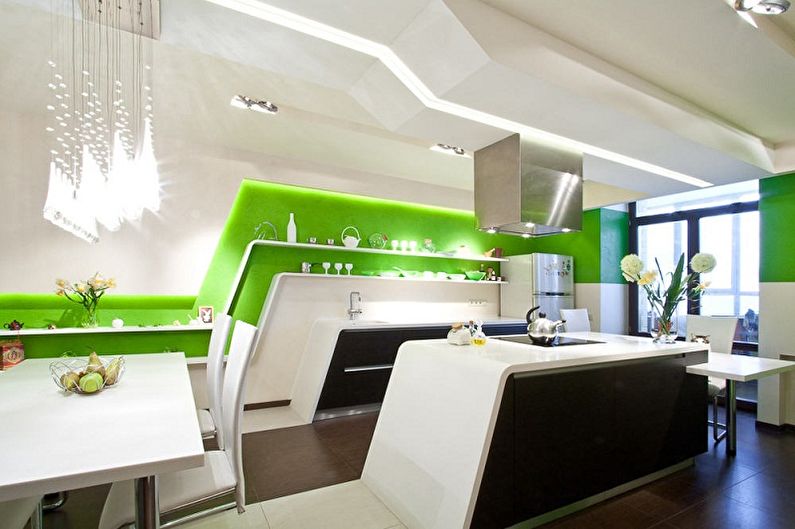 Interior design of a white-green kitchen - photo