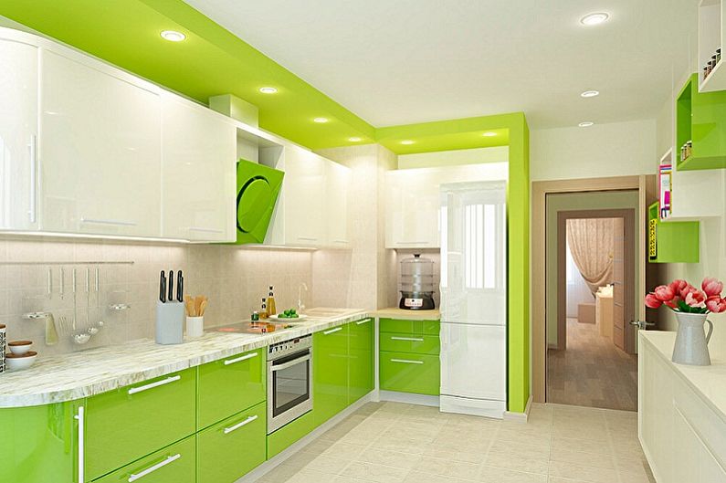 Interior design of a white-green kitchen - photo