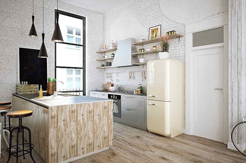 White kusina sa estilo ng loft - Disenyo sa Panloob